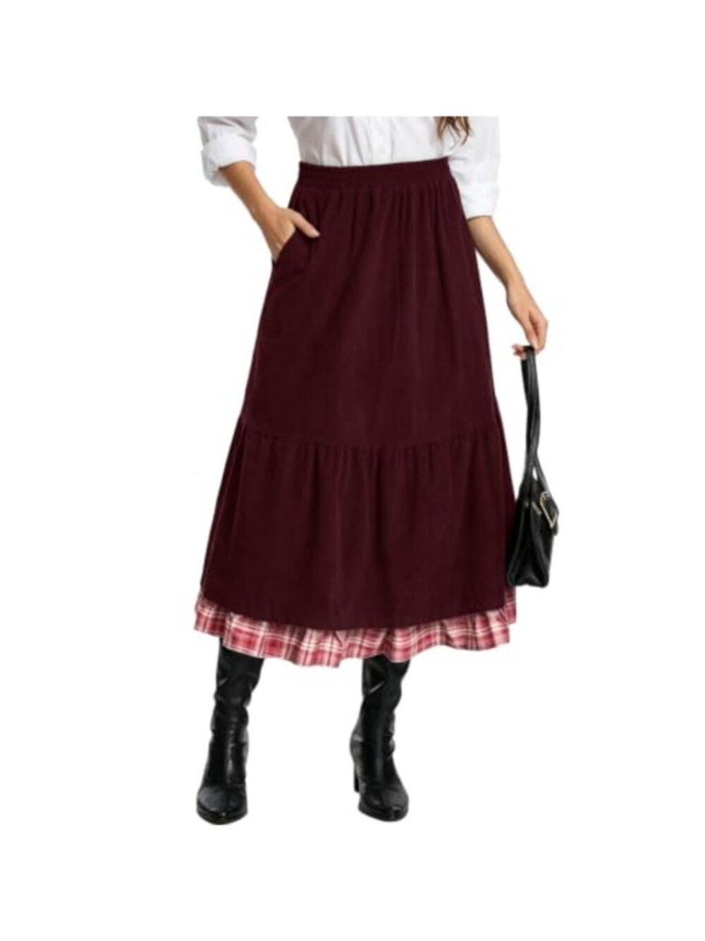 Women's Midi Corduroy Skirt Plaid Flared A-Line Pockets High Waist